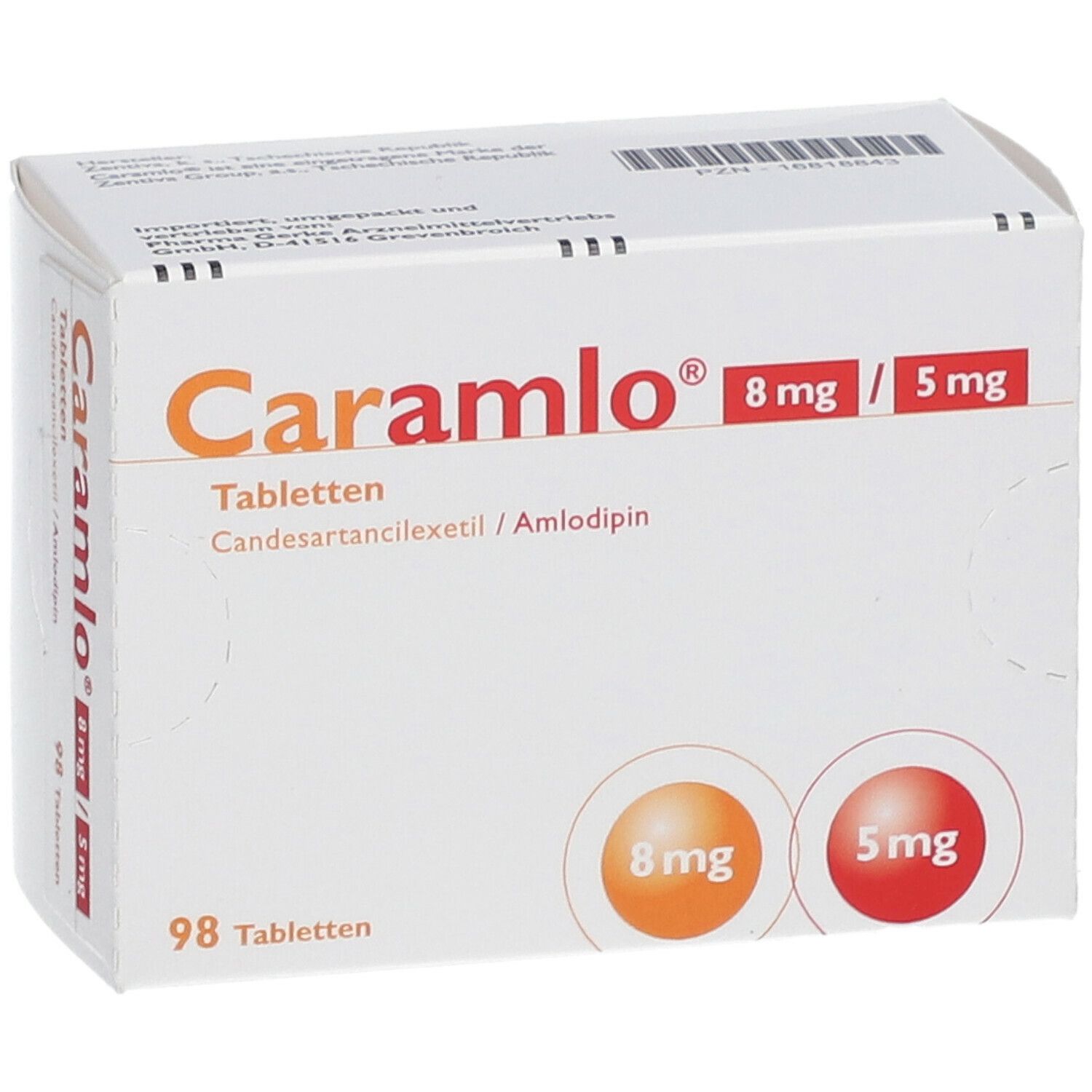 Weiße Tablettenbox mit orangefarbenem und rotem Logo. Beschriftung: Caramlo 8 mg / 5 mg, 98 Tabletten.