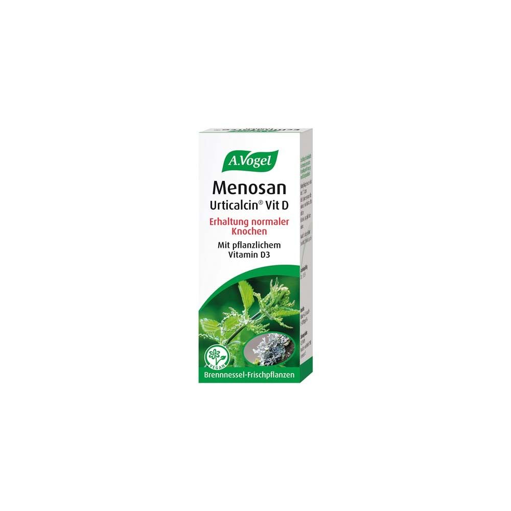 A. Vogel Menosan Urticalcin Vit D. Weiße Schachtel mit Produktinformationen und Logo. Grün-weiße Gestaltung.
