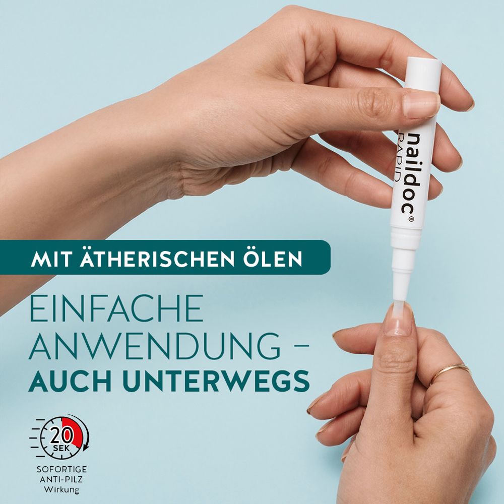 Stift in einer Hand, der auf einen Nagel zeigt. Text: Einfache Anwendung - auch unterwegs. Logo: naildoc.