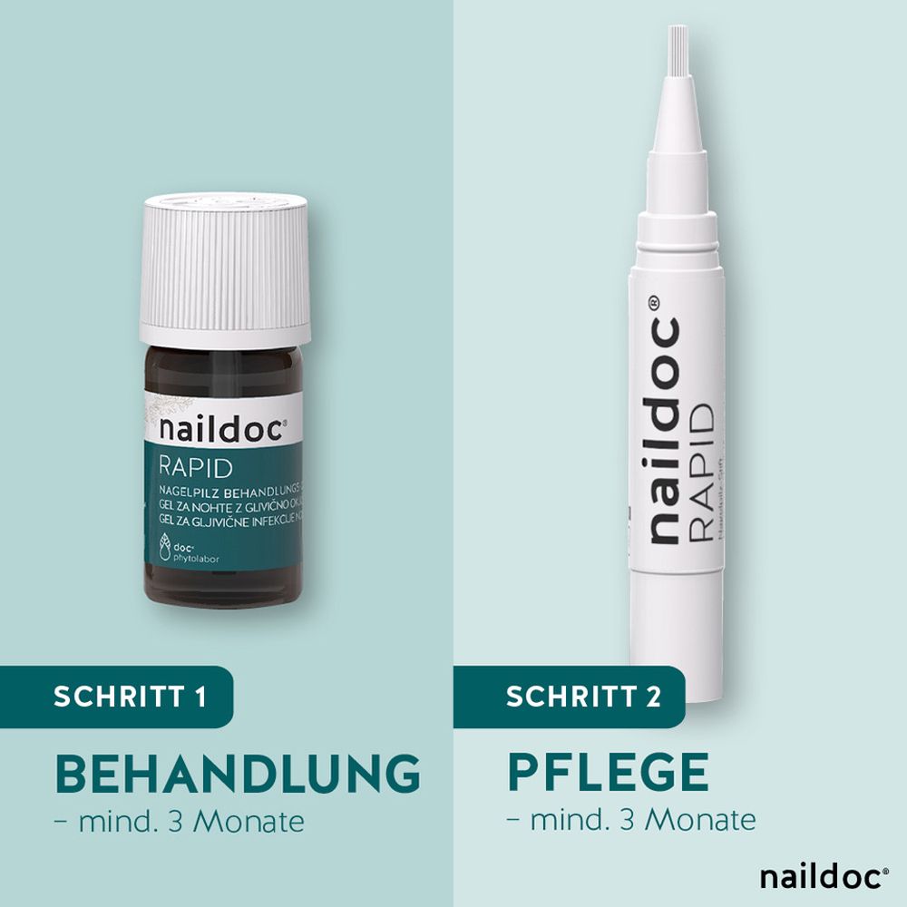 Zwei Flaschen nebeneinander. Links: Flasche mit schwarzem Inhalt. Rechts: Weißer Stift. Text: Behandlung, Pflege. Logo: naildoc.