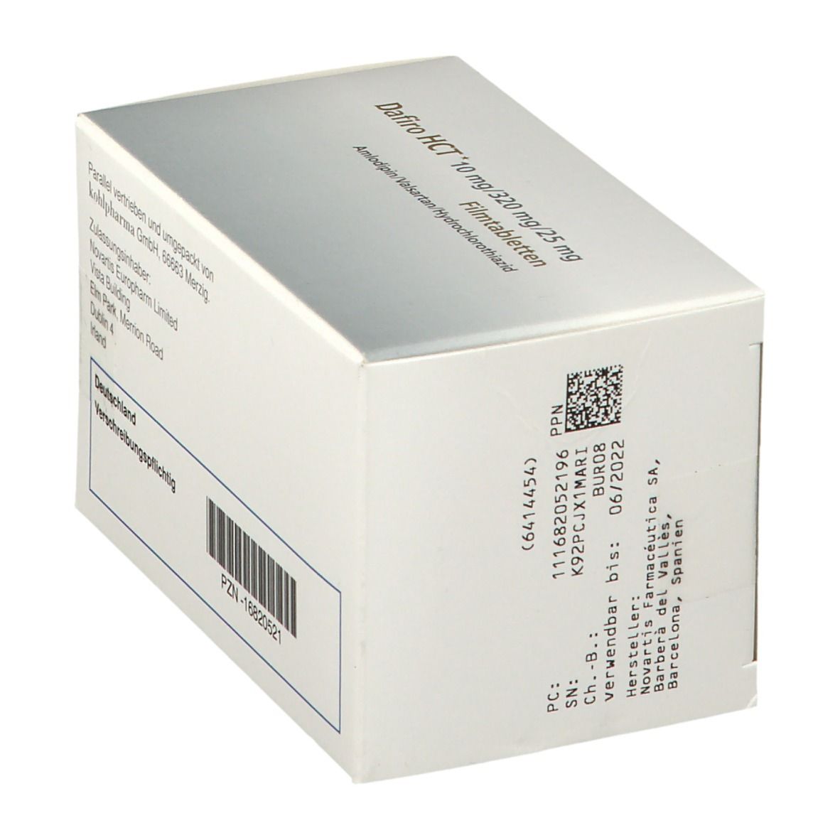 Schachtel mit Dafiro HCT 10 mg/320 mg/25 mg. Aufschrift: Amlodipin/Valsartan/Hydrochlorothiazid. Herstellerinformationen und Barcode.