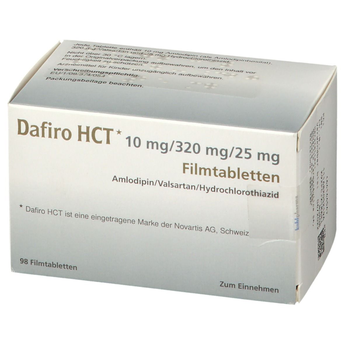 Schachtel mit Dafiro HCT 10 mg/320 mg/25 mg Filmtabletten. Aufschrift: Amlodipin/Valsartan/Hydrochlorothiazid. 98 Filmtabletten.