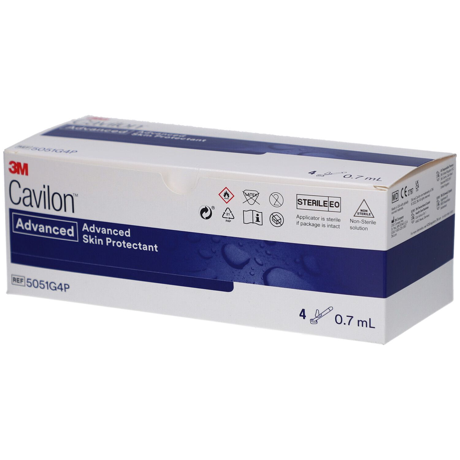 Karton mit 3M Cavilon Advanced Skin Protectant. Enthält 4 Applikatoren mit 0,7 ml. Steril.