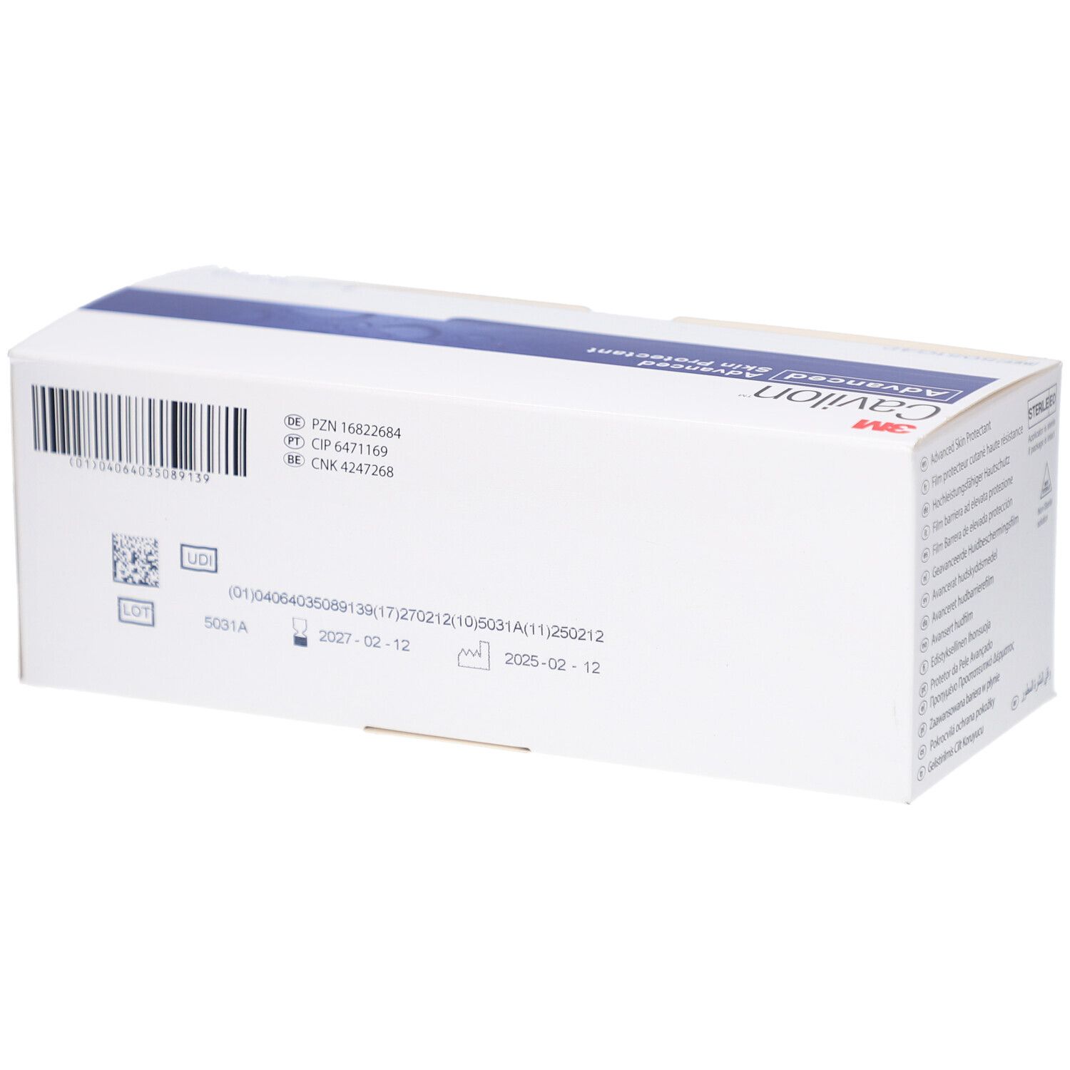 Rückseite des Kartons mit Barcode, Chargennummer und Verfallsdatum. 3M Cavilon.