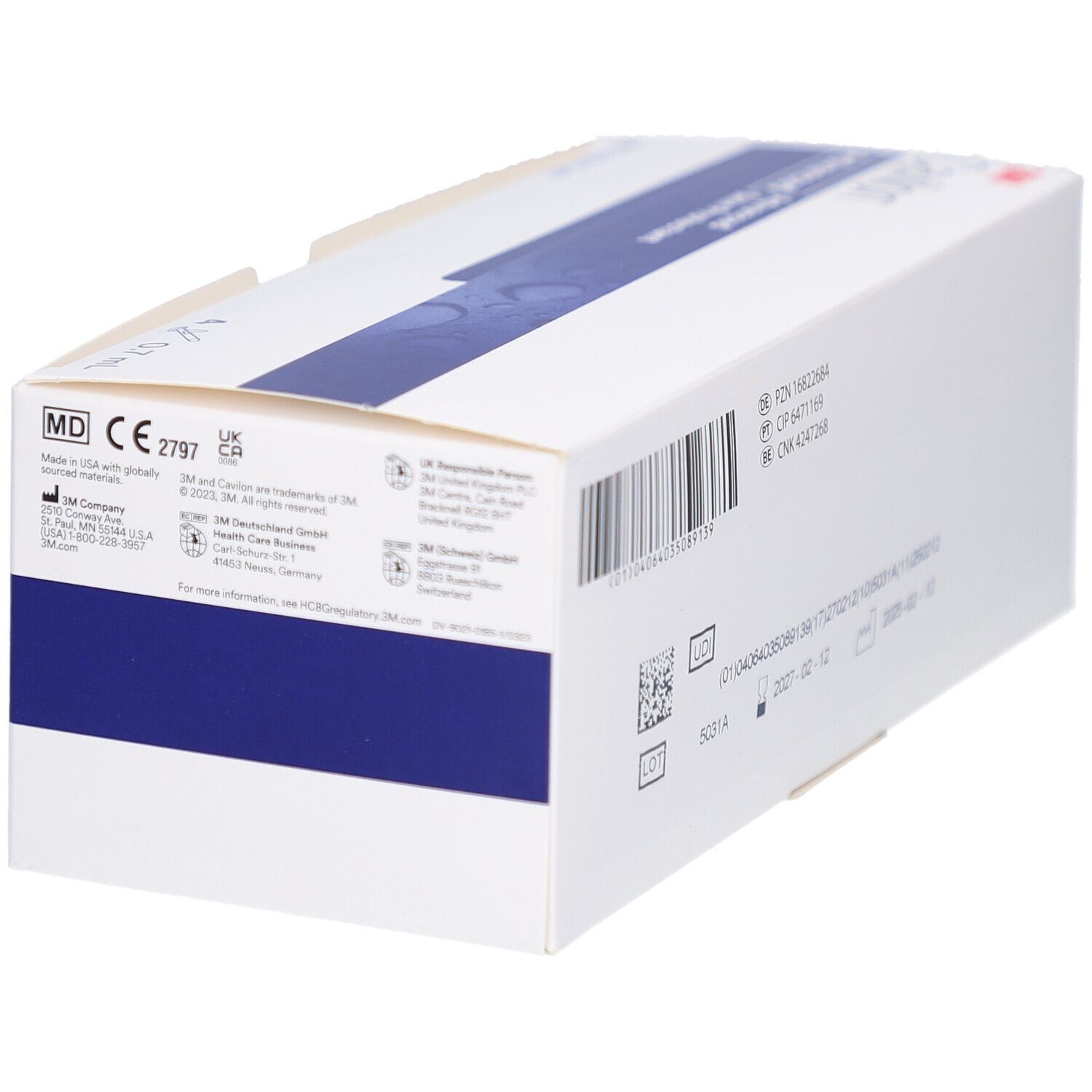 Seite des Kartons mit Herstellerinformationen und CE-Kennzeichnung. 3M Cavilon.