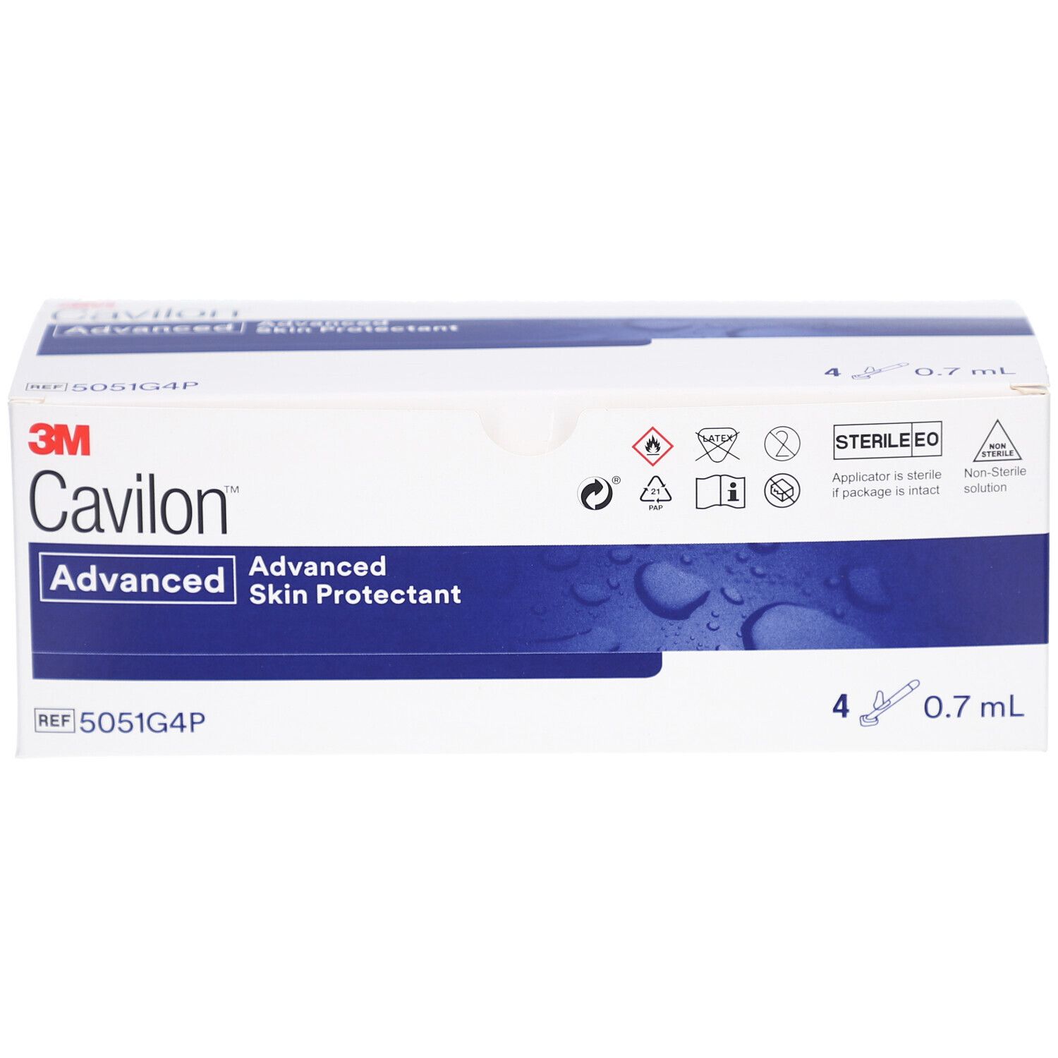 Karton mit 3M Cavilon Advanced Skin Protectant. Enthält 4 Applikatoren mit 0,7 ml.