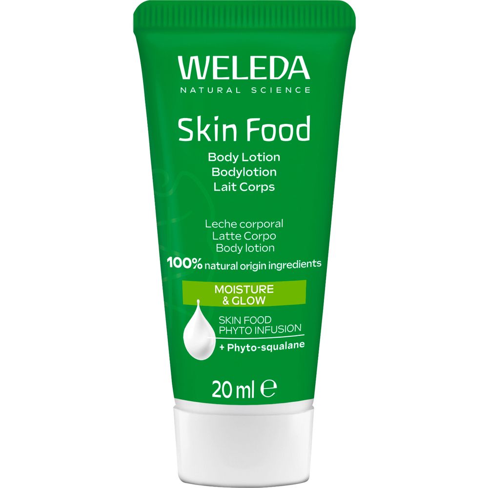 Grüne Tube mit weißem Deckel. Aufschrift: Skin Food Body Lotion. Zertifiziertes Naturkosmetik-Siegel. 20ml.