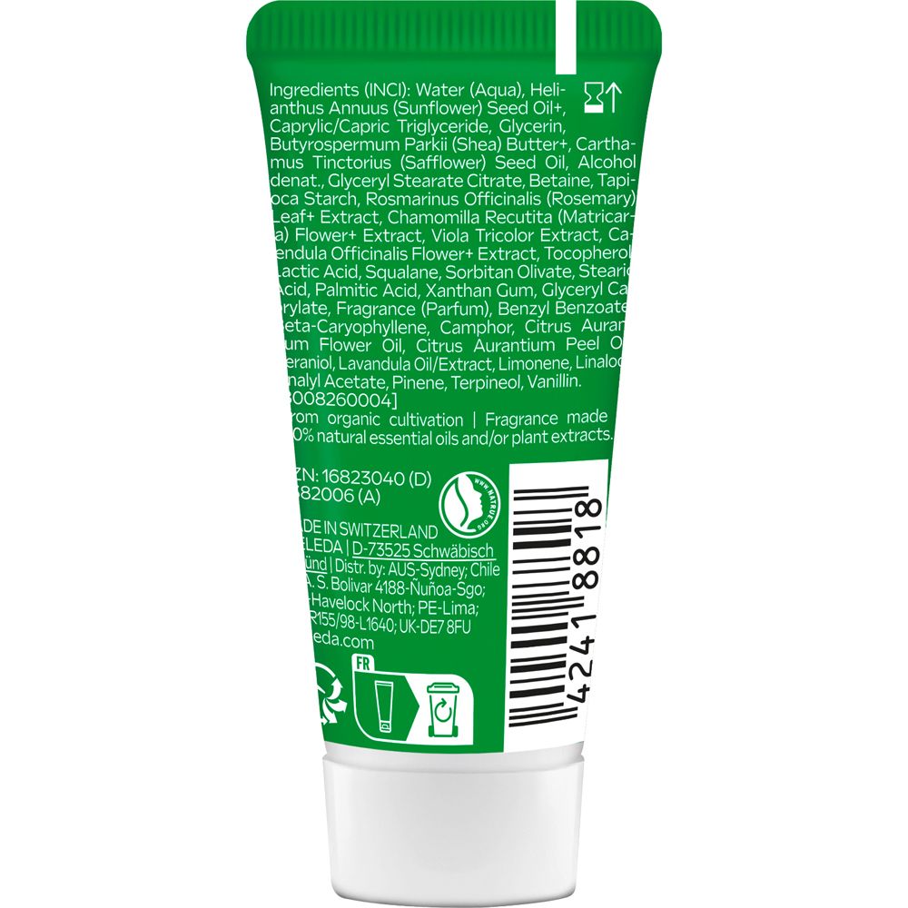 Rückseite der grünen Tube. Inhaltsstoffe, Herstellerinformationen und Barcode. Text in mehreren Sprachen.