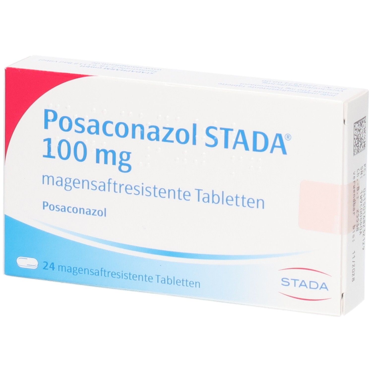 Packung Posaconazol STADA 100 mg magensaftresistente Tabletten, 24 Stück, leichte Schrägansicht.