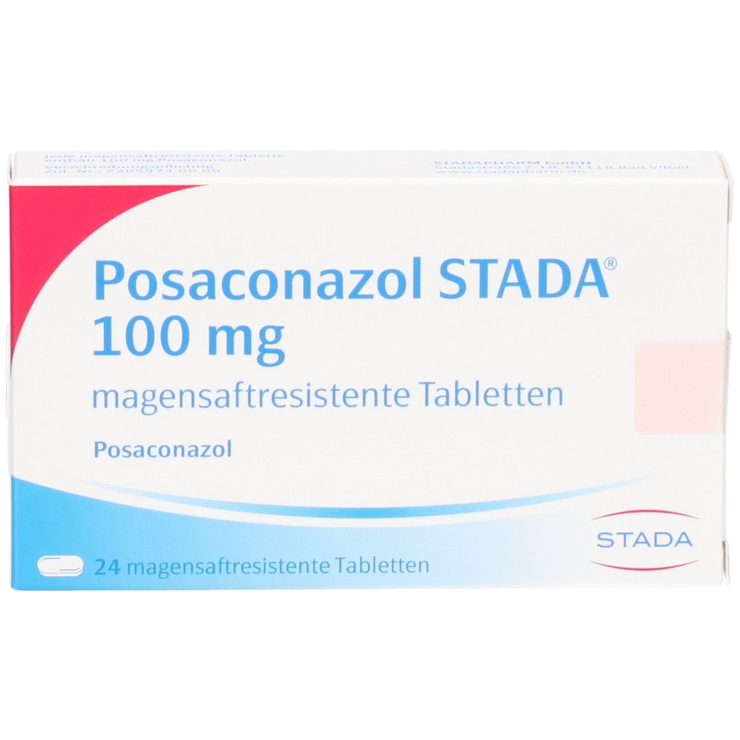 Packung Posaconazol STADA 100 mg magensaftresistente Tabletten, Vorderansicht.