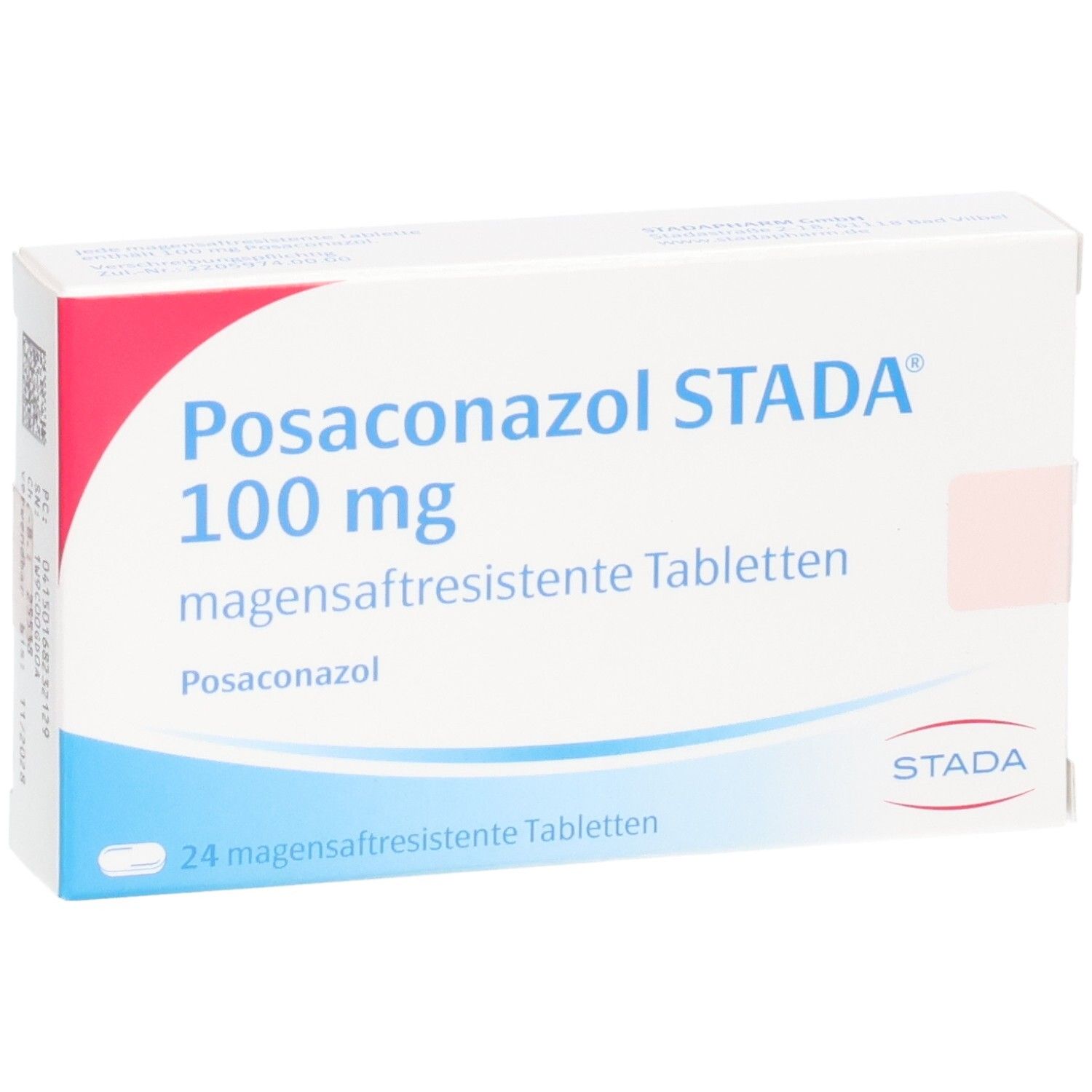 Packung Posaconazol STADA 100 mg magensaftresistente Tabletten, 24 Stück, leichte Schrägansicht.