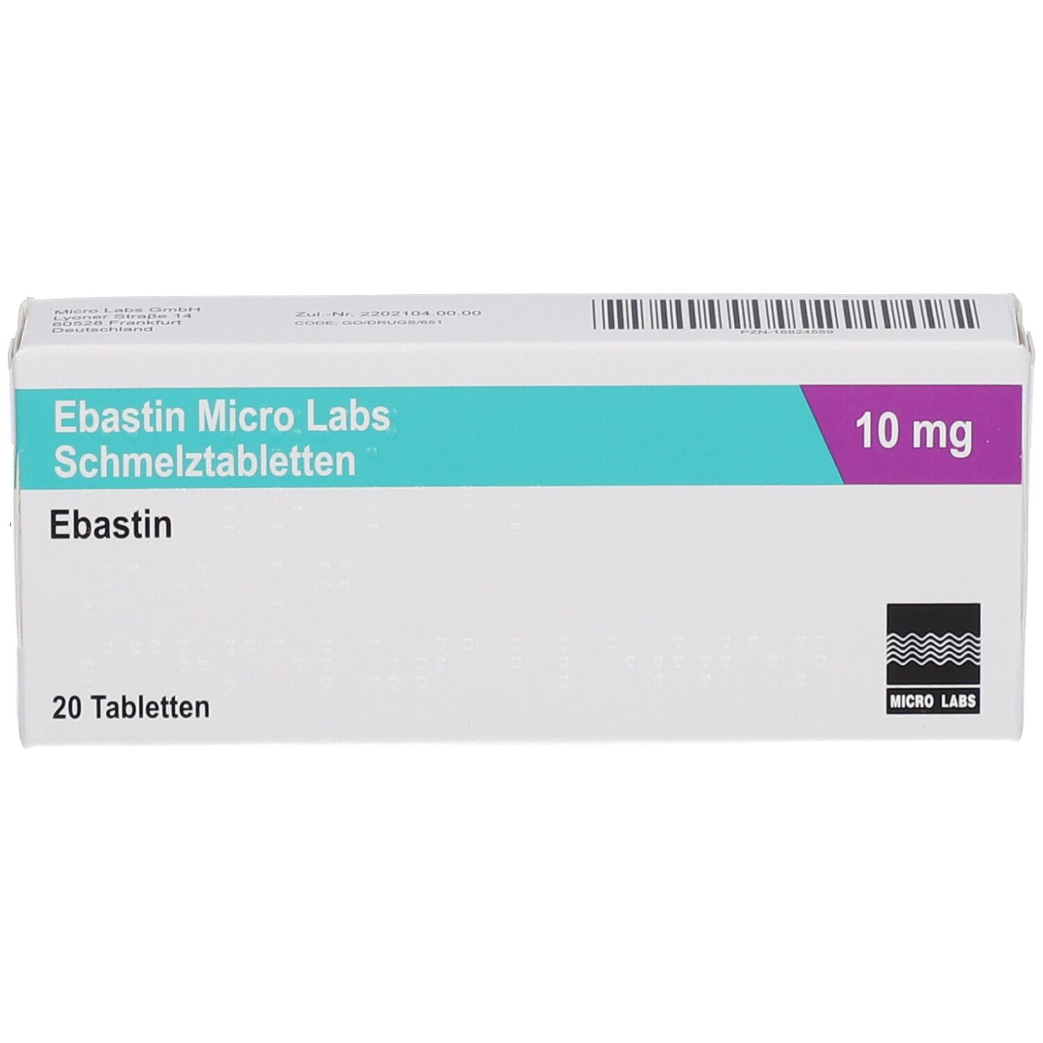 Schachtel EBASTIN Micro Labs Schmelztabletten. 20 Tabletten, 10 mg. Weiß, Türkis und Lila. Schrift in Deutsch.