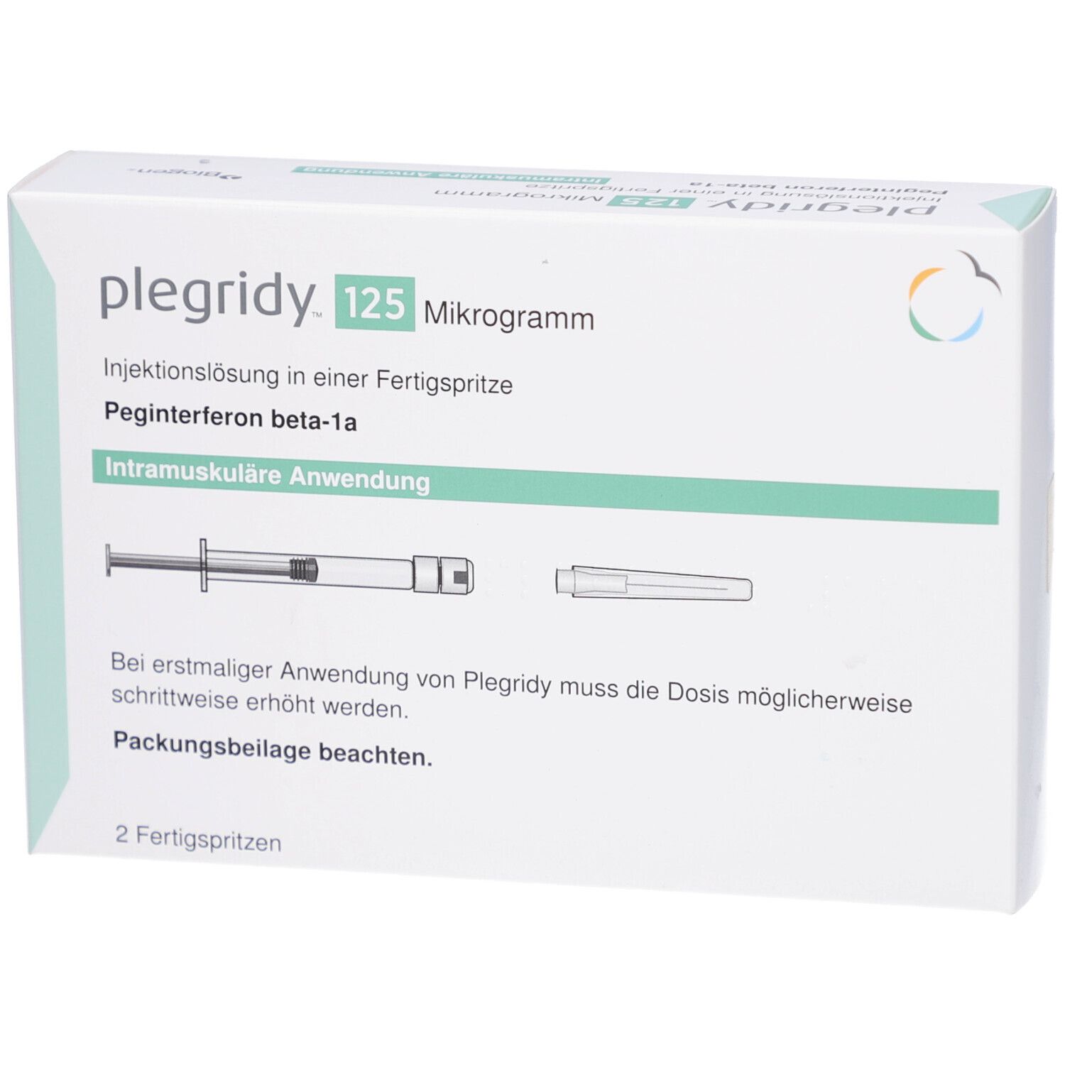 Schachtel mit plegridy™ 125 Mikrogramm. Fertigspritze und Nadel abgebildet. Text: intramuskuläre Anwendung. 2 Fertigspritzen.