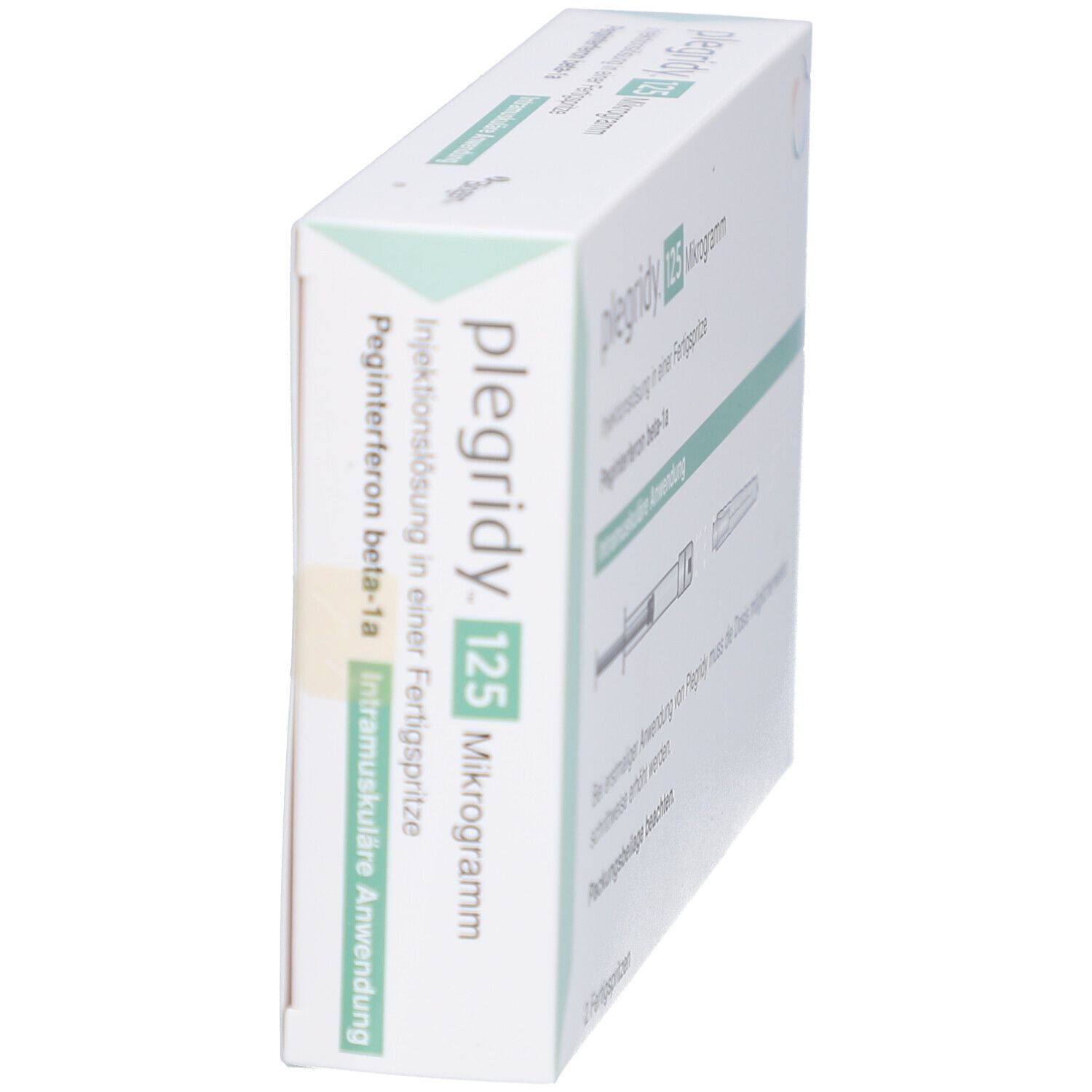 Schachtel mit plegridy™ 125 Mikrogramm. Text: intramuskuläre Anwendung. Schachtel schräg gestellt.