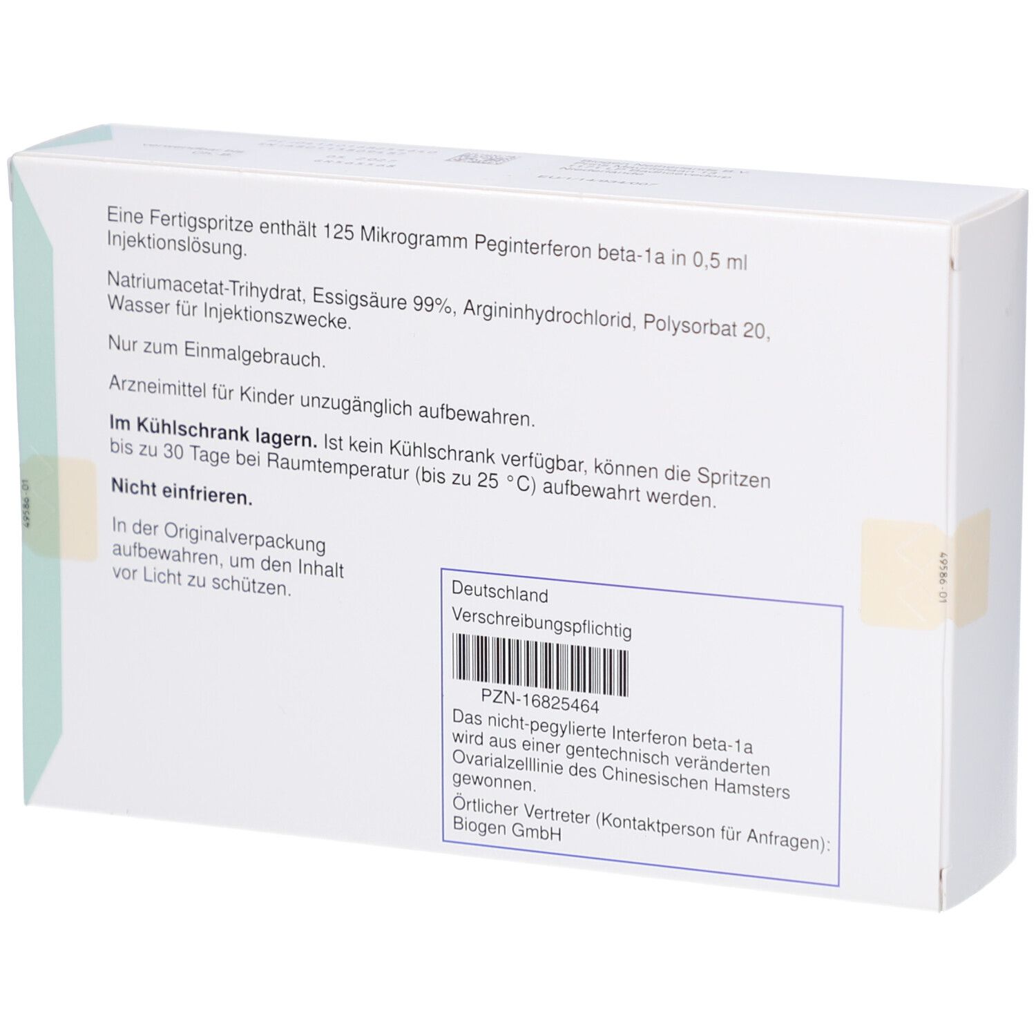 Rückseite der Schachtel mit plegridy™. Text: 125 Mikrogramm Peginterferon beta-1a. Inhaltsstoffe. Nur zur einmaligen Anwendung.