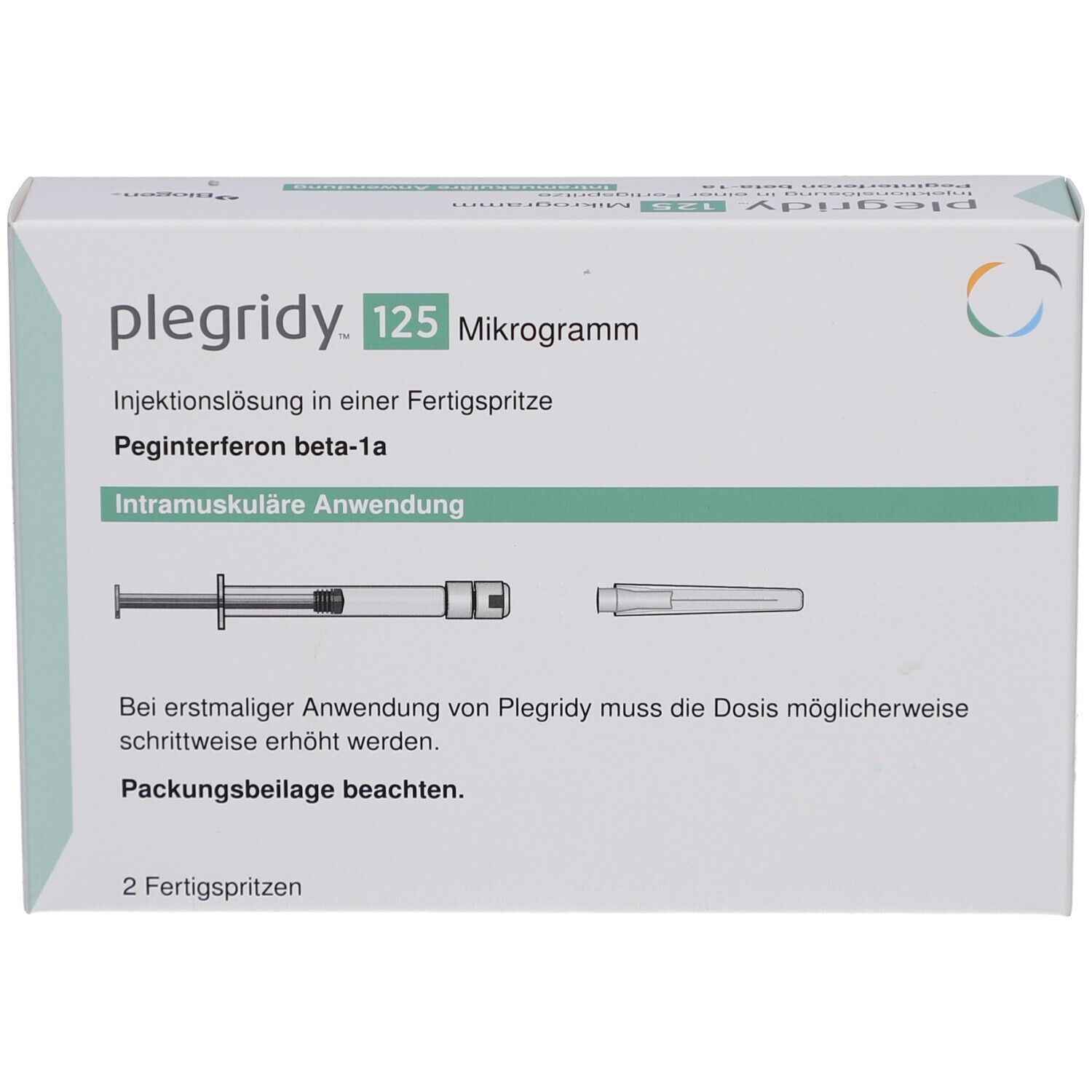 Schachtel mit plegridy™ 125 Mikrogramm. Fertigspritze und Nadel abgebildet. Text: intramuskuläre Anwendung. 2 Fertigspritzen.