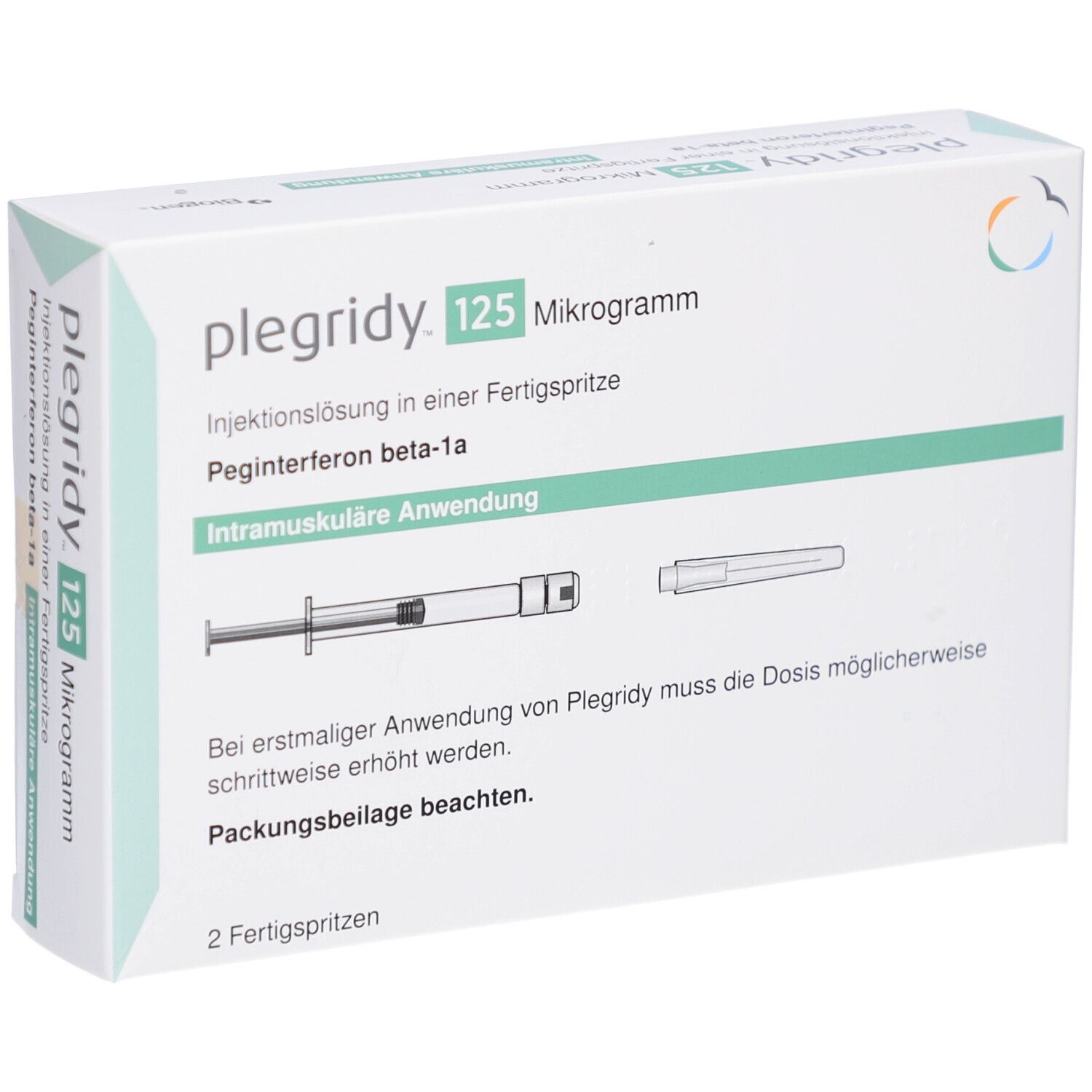 Schachtel mit plegridy™ 125 Mikrogramm. Fertigspritze und Nadel abgebildet. Text: intramuskuläre Anwendung. 2 Fertigspritzen.