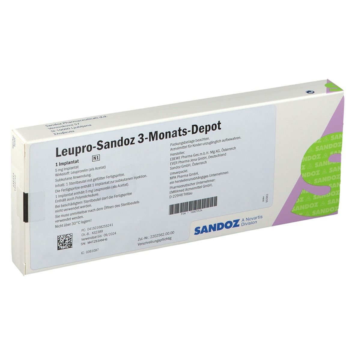 Karton von LEUPRO-Sandoz 3-Monats-Depot. Enthält 1 Implantat. Sandoz-Logo und Produktinformationen.