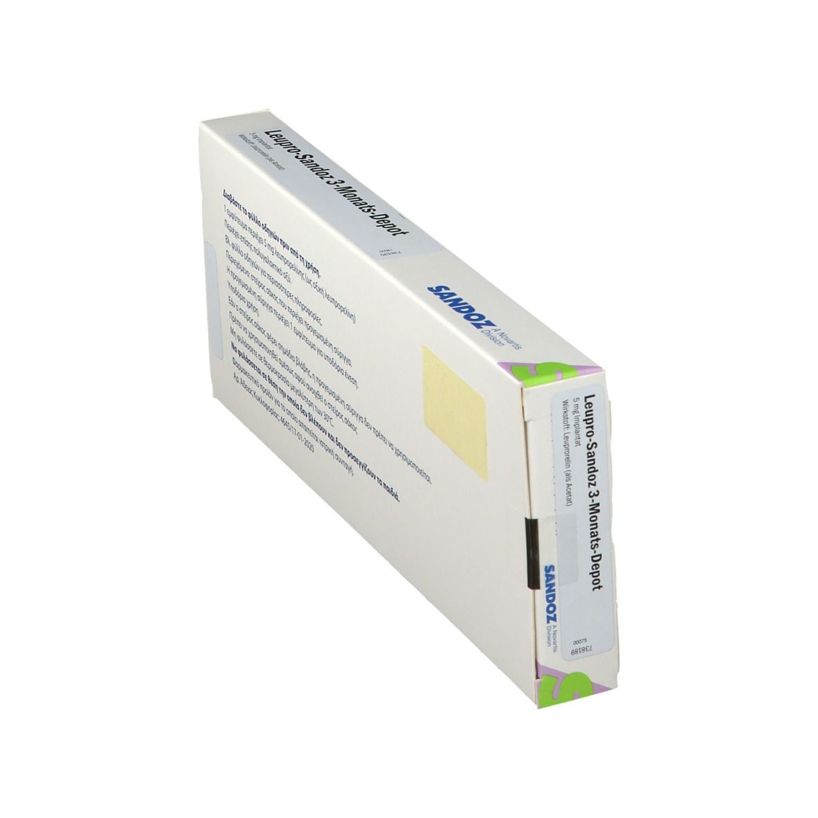 Schrägansicht der LEUPRO-Sandoz 3-Monats-Depot-Verpackung. Rückseite mit Text. Sandoz-Logo.