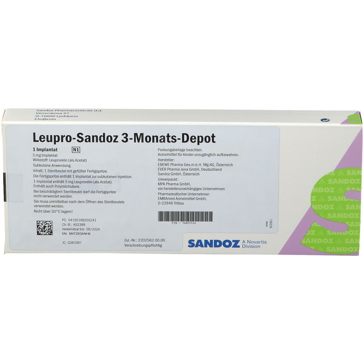 Vorderseite der LEUPRO-Sandoz 3-Monats-Depot-Verpackung. Enthält 1 Implantat. Sandoz-Logo und Produktinformationen.