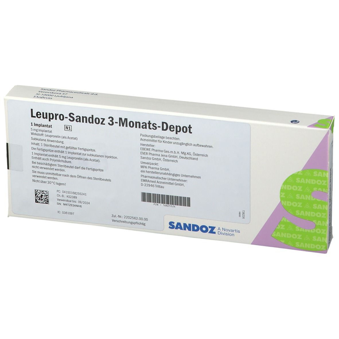 Vorderseite der LEUPRO-Sandoz 3-Monats-Depot-Verpackung. Enthält 1 Implantat. Sandoz-Logo und Produktinformationen.