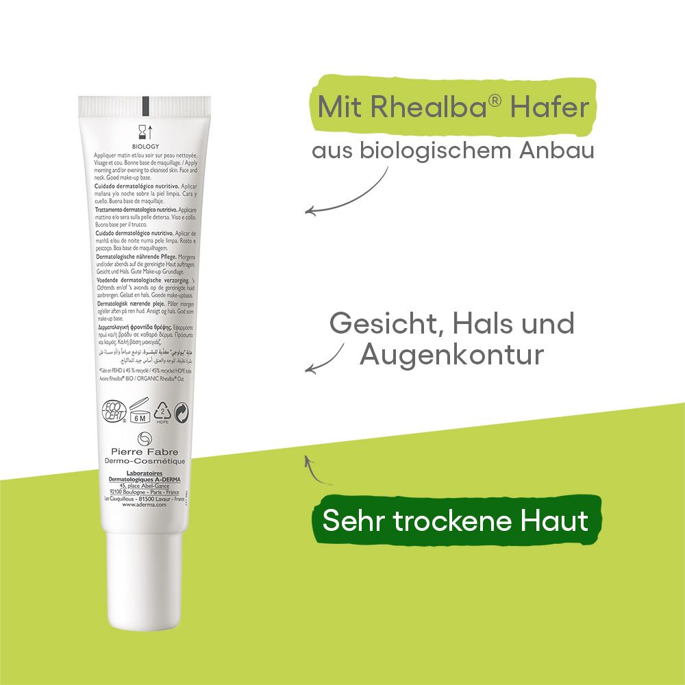 Tube mit Rhealba Hafer aus biologischem Anbau für Gesicht, Hals und Augenkontur bei sehr trockener Haut.
