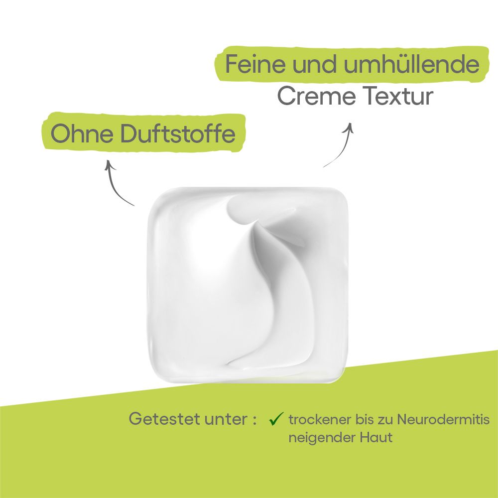 Creme-Textur ohne Duftstoffe, getestet bei trockener bis neurodermitischer Haut.