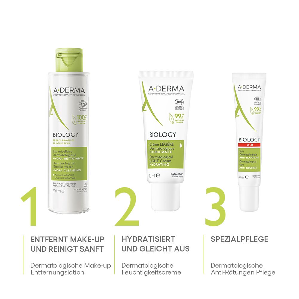 Drei A-Derma BIOLOGY Pflegeprodukte: Make-up-Entferner, Feuchtigkeitscreme und Anti-Rötungen-Pflege.
