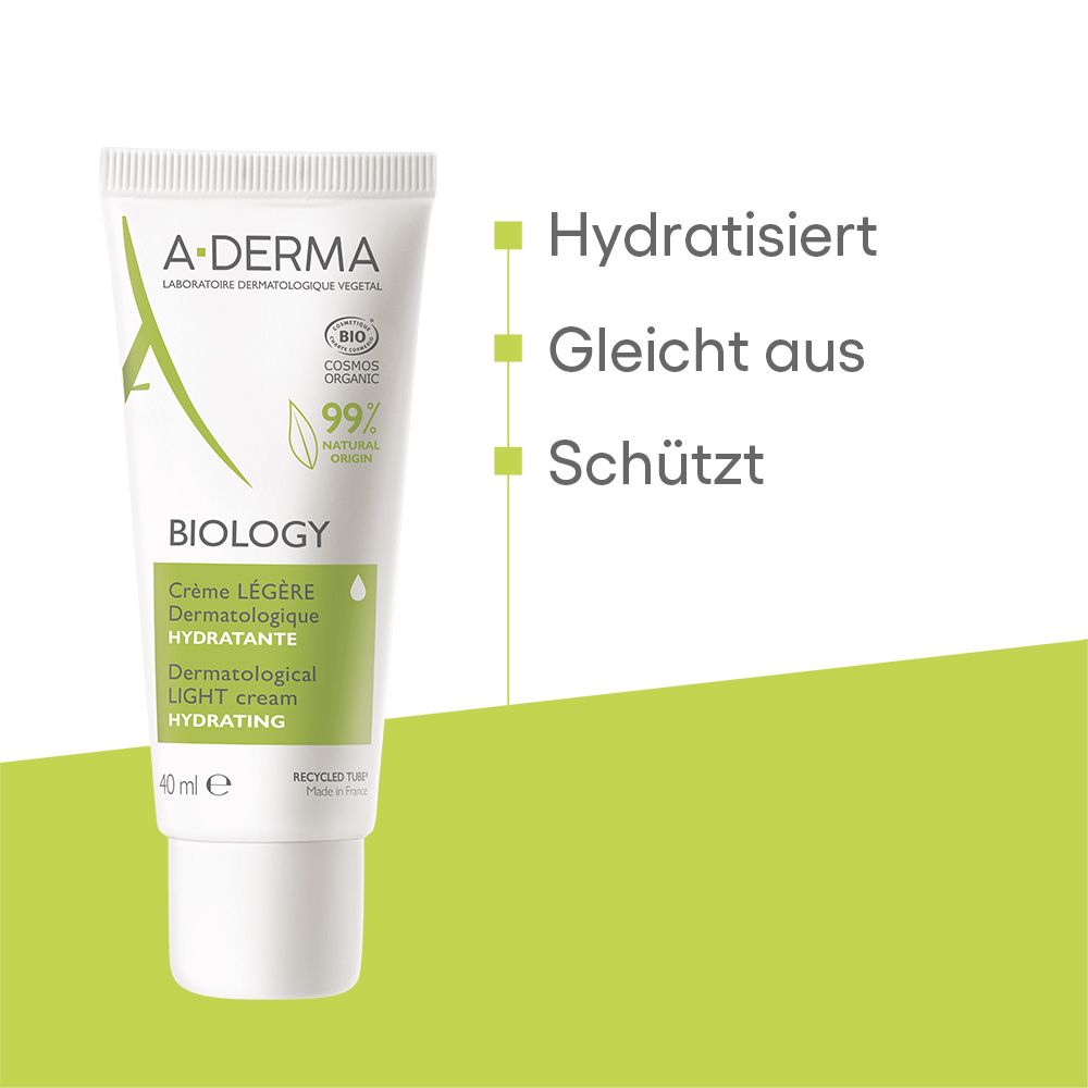A-Derma Biology leichte dermatologische Feuchtigkeitscreme, 40ml. BIO COSMOS ORGANIC zertifiziert, 99% natürliche Inhaltsstoffe.