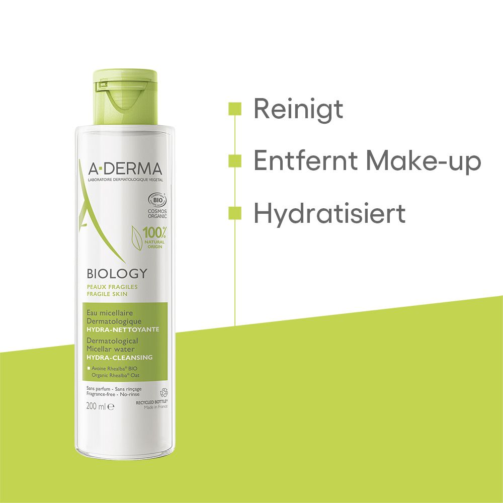 A-DERMA BIOLOGY Mizellenwasser. Reinigt, entfernt Make-up und hydratisiert. Grüne grafische Elemente.