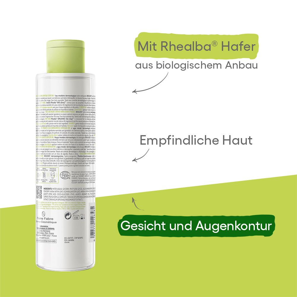 A-DERMA BIOLOGY Mizellenwasser. Mit Rhealba Hafer aus biologischem Anbau. Für empfindliche Haut. Für Gesicht und Augenkontur.