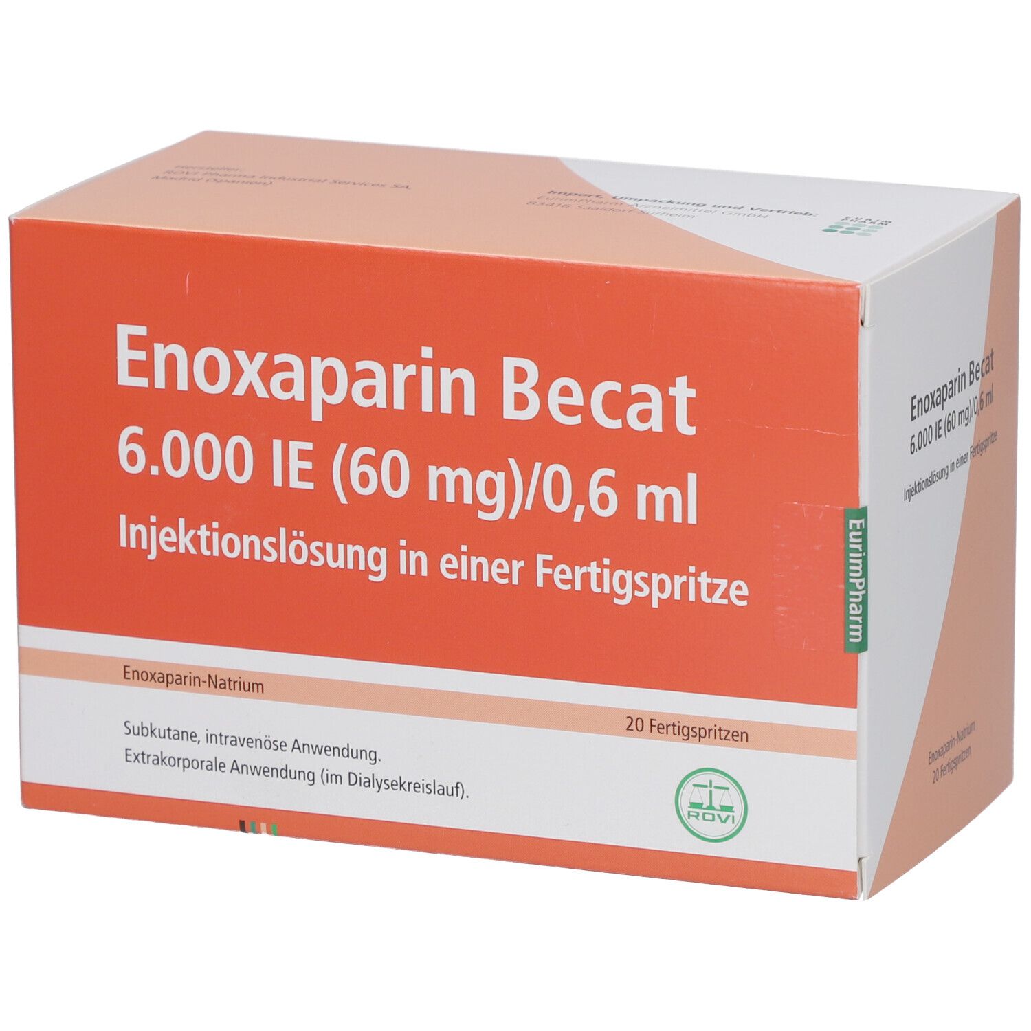 Schachtel mit Aufschrift Enoxaparin Becat 6.000 IE. Enthält 20 Fertigspritzen. Orange-weißes Design.