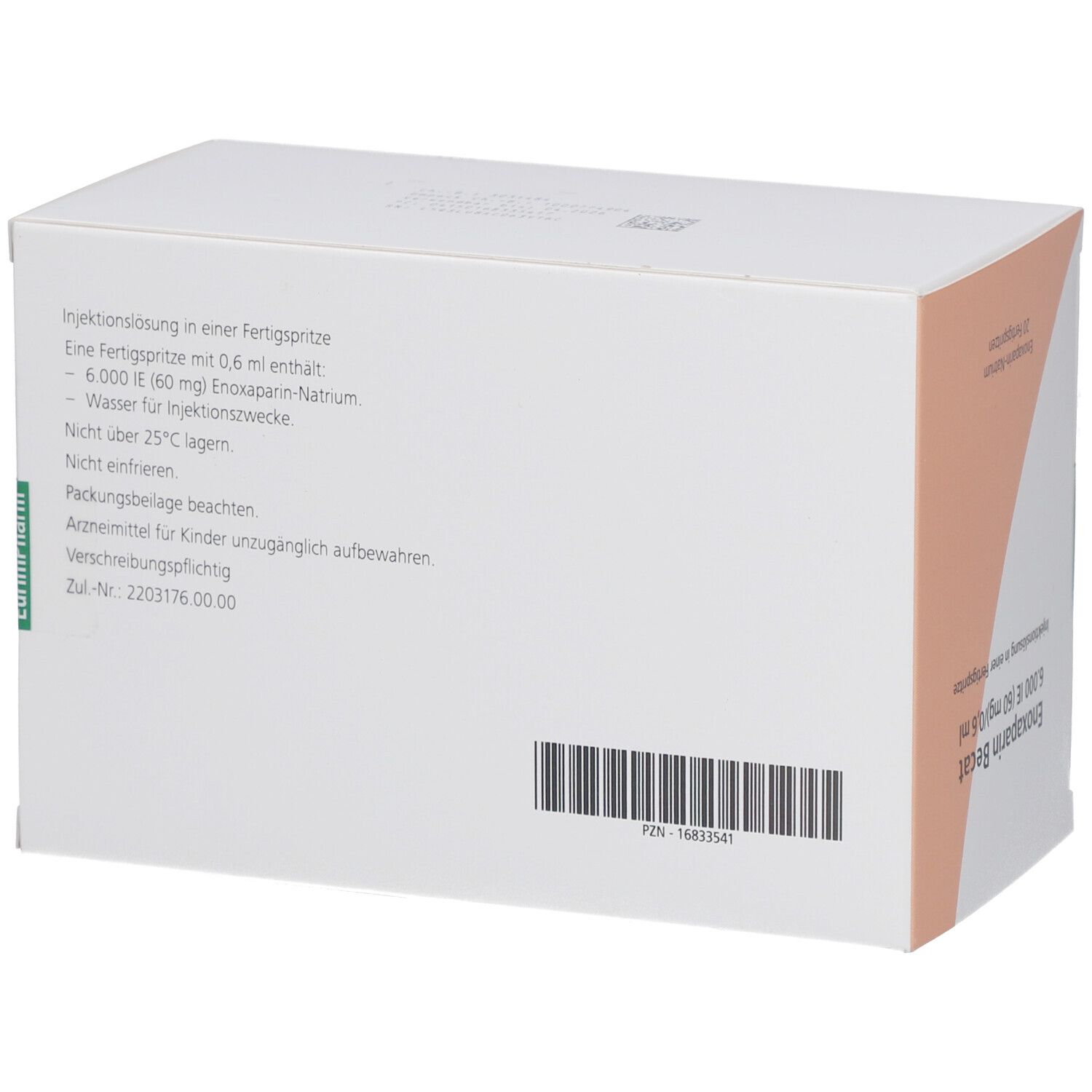 Rückseite der Schachtel Enoxaparin Becat. Enthält Textinformationen und einen Barcode. Weißes und orangefarbenes Design.