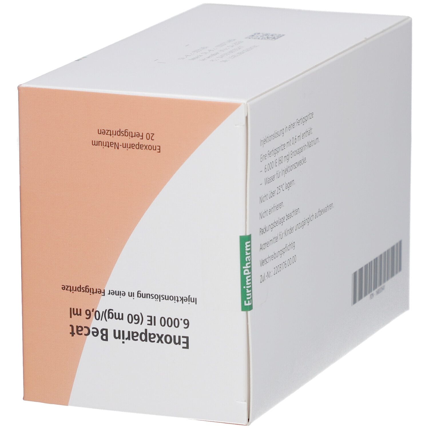 Schachtel Enoxaparin Becat. Orange-weißes Design. Text: Injektionslösung in einer Fertigspritze. Rückseite mit Text.
