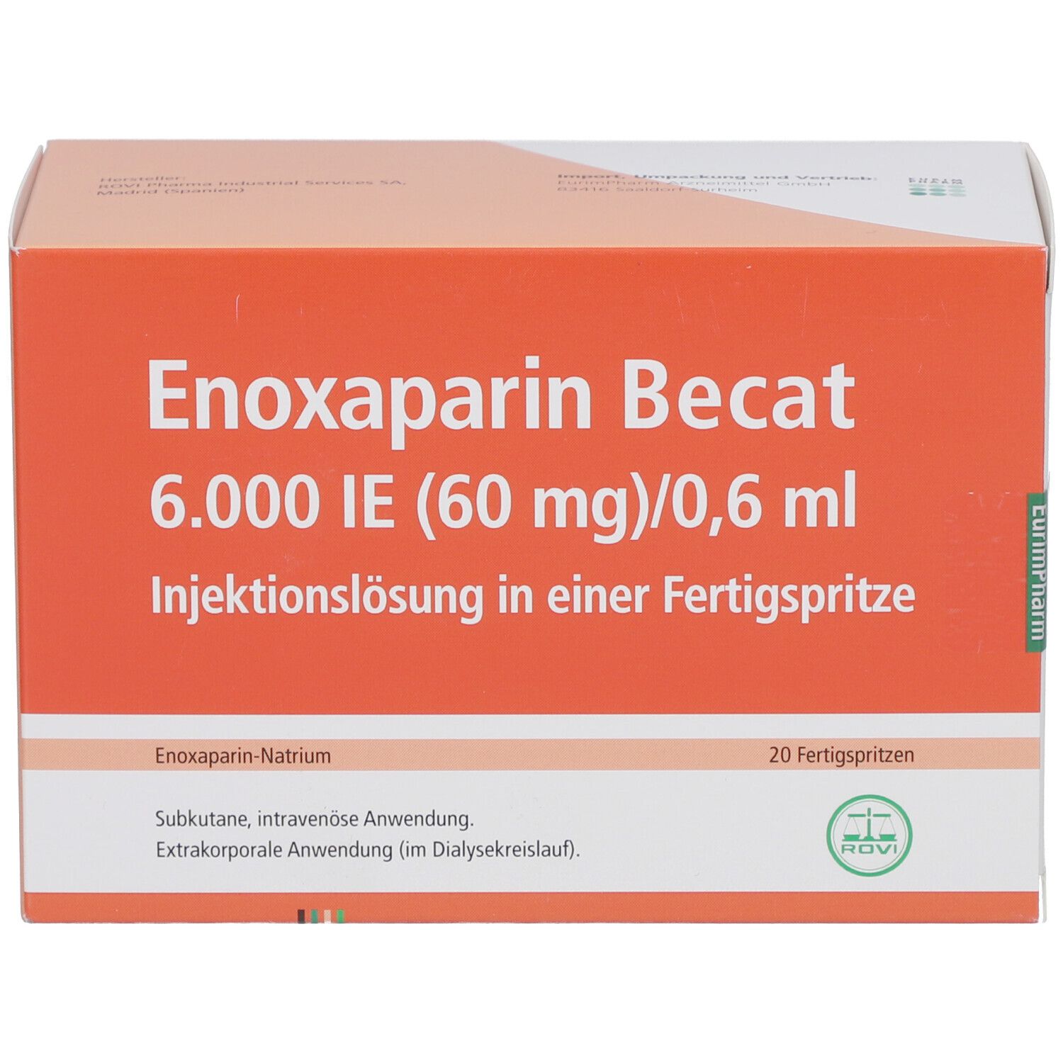 Schachtel Enoxaparin Becat 6.000 IE. Orangefarbener Hintergrund, weiße Schrift. Enthält 20 Fertigspritzen.