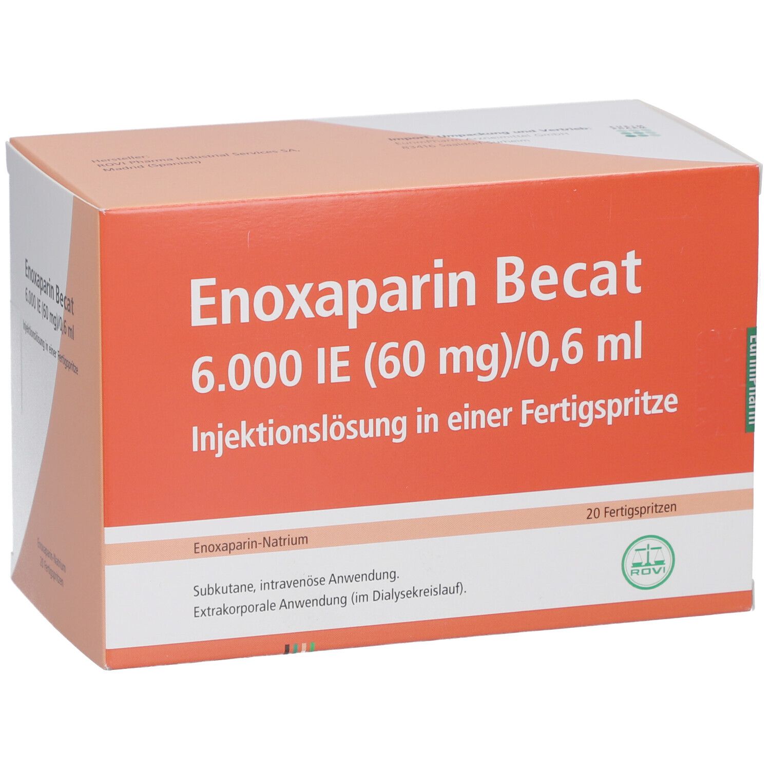 Schachtel Enoxaparin Becat 6.000 IE. Orangefarbener Hintergrund, weiße Schrift. 20 Fertigspritzen.