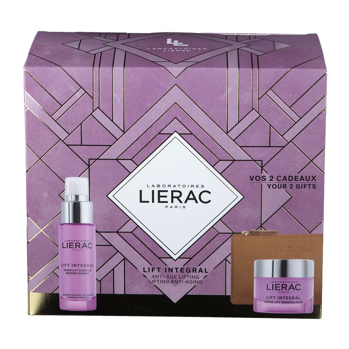 Geschenkset mit Serum, Creme und Kosmetiktasche. Lila Verpackung mit goldenen Akzenten. LIERAC-Logo.