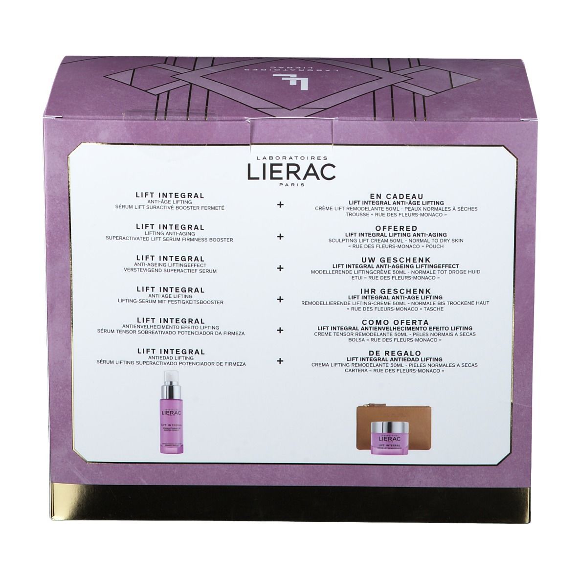 Rückseite der Geschenkbox mit Produktinformationen in mehreren Sprachen. LIERAC-Logo.