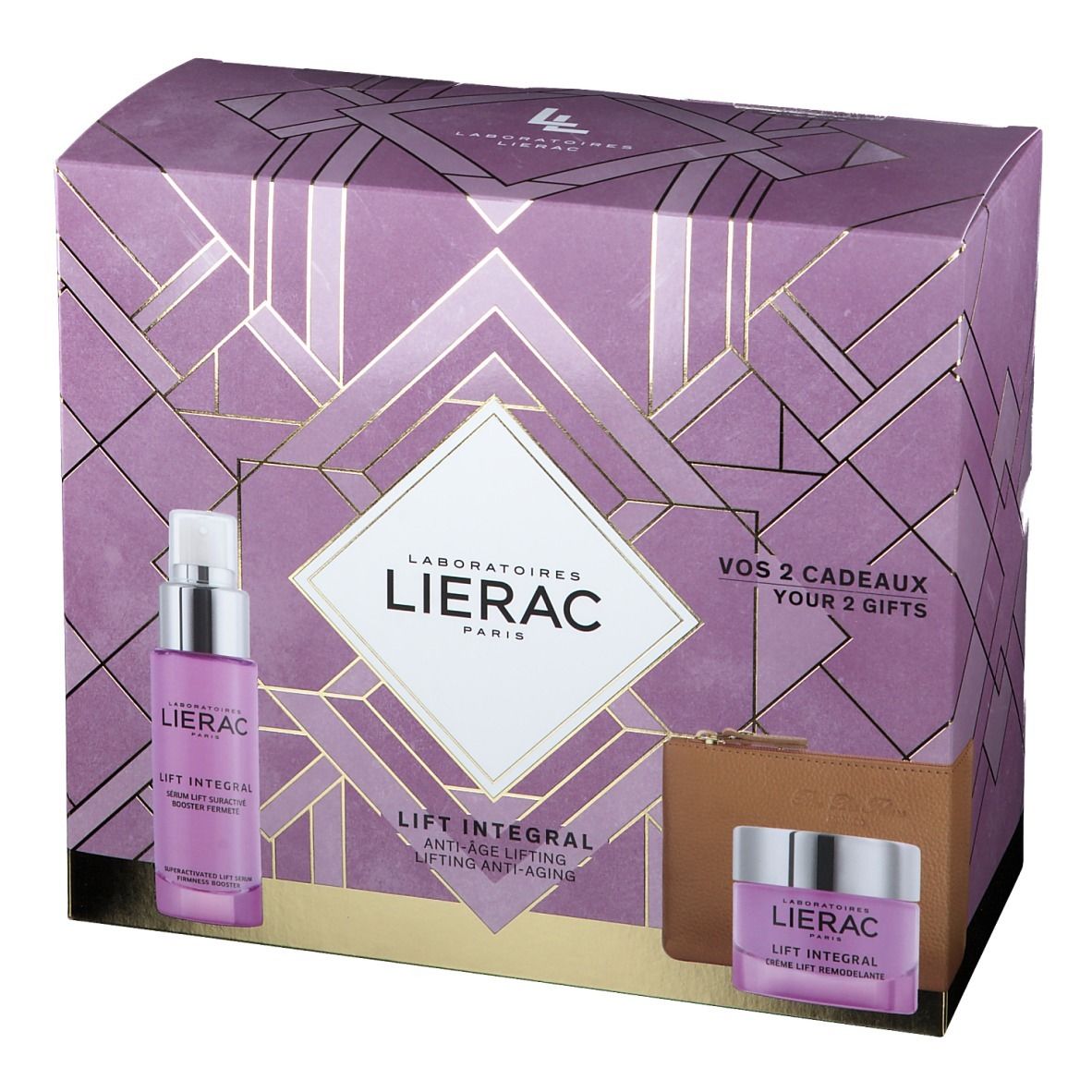 Geschenkset mit Serum, Creme und Kosmetiktasche. Lila Verpackung mit goldenen Akzenten. LIERAC-Logo.