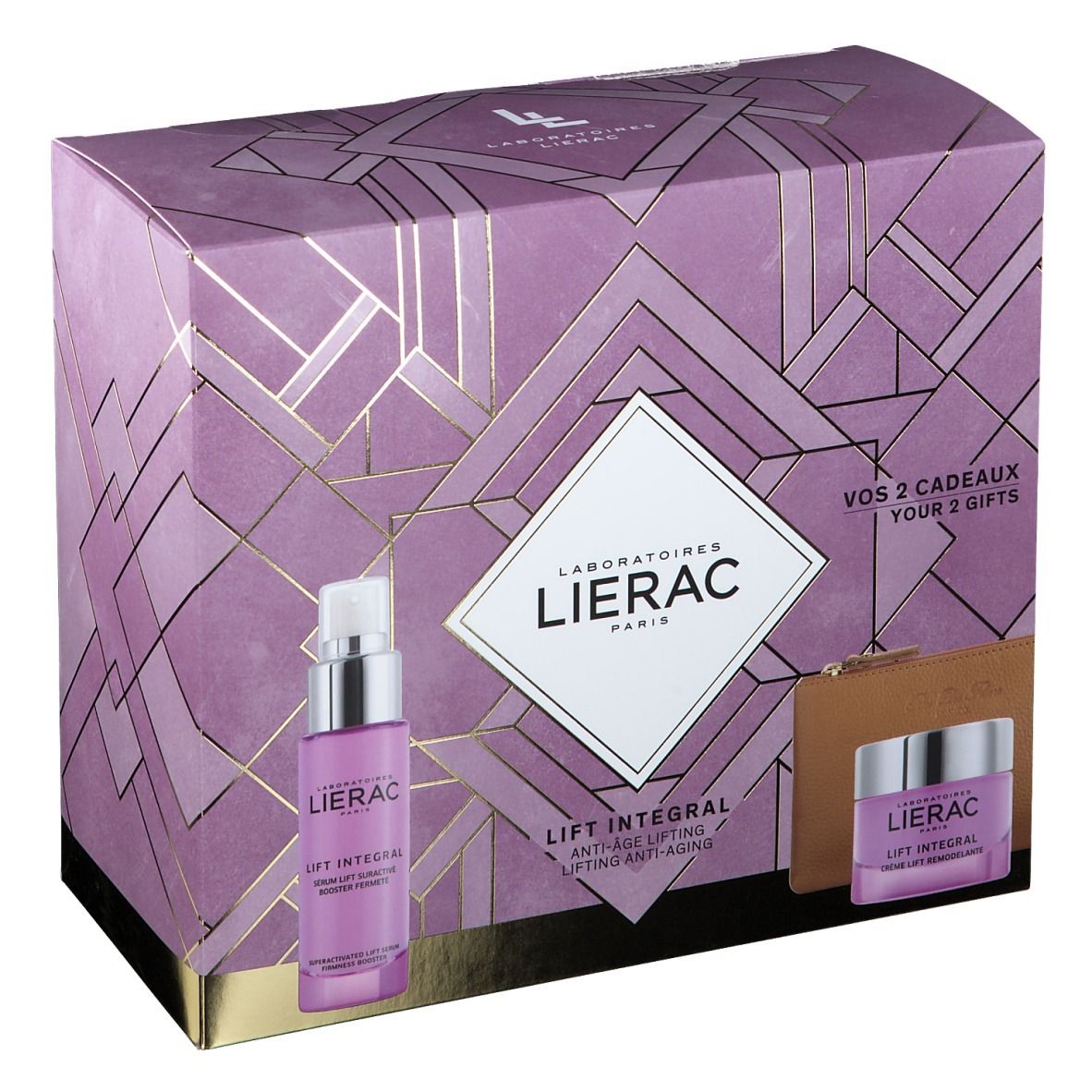 Geschenkset mit Serum, Creme und Kosmetiktasche. Lila Verpackung mit goldenen Akzenten. LIERAC-Logo.