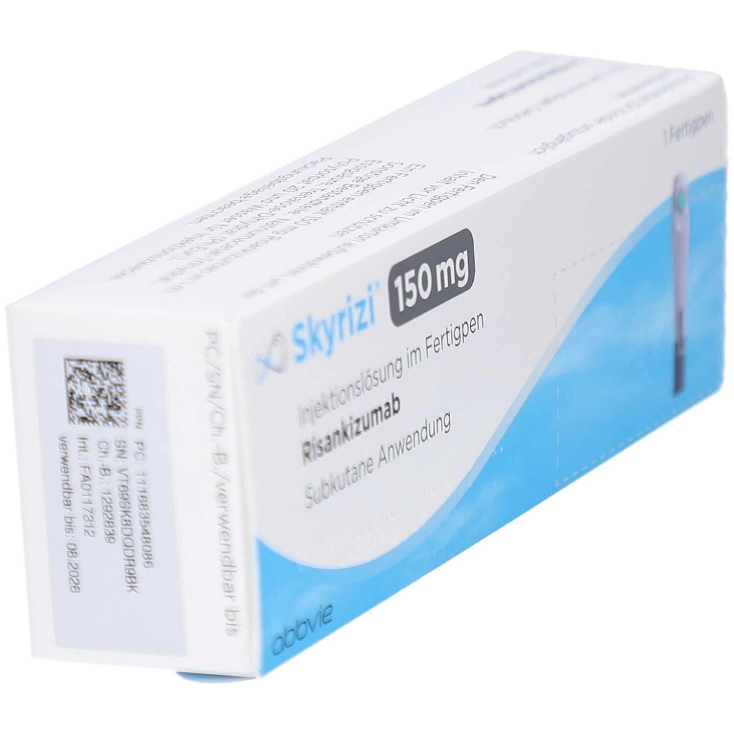 Schachtel SKYRIZI 150 mg Injektionslösung im Fertigpen. Aufschrift: Risankizumab, subkutane Anwendung. Abbvie Logo. Detailansicht.