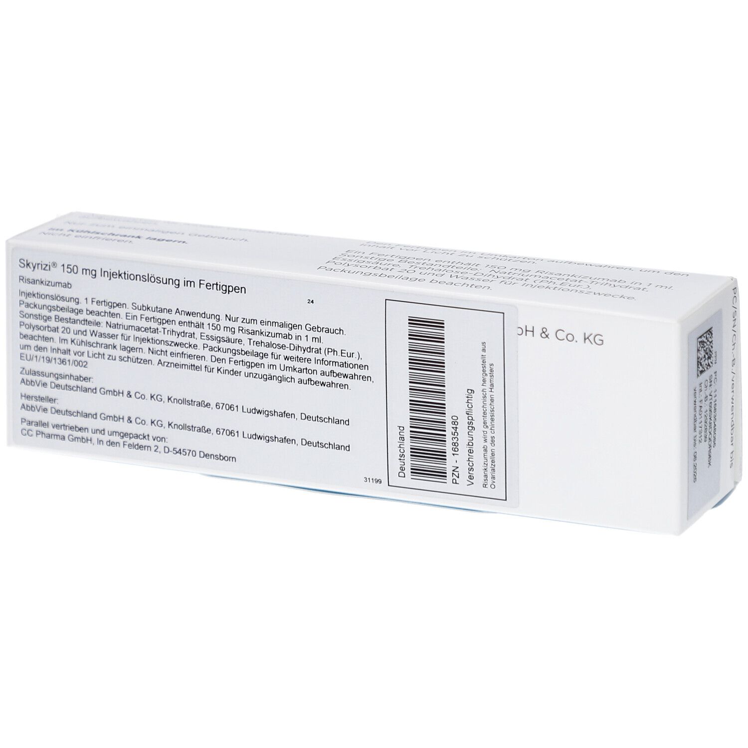Rückseite der Schachtel SKYRIZI 150 mg Injektionslösung im Fertigpen. Textinformationen und Barcode. Herstellerinformationen.