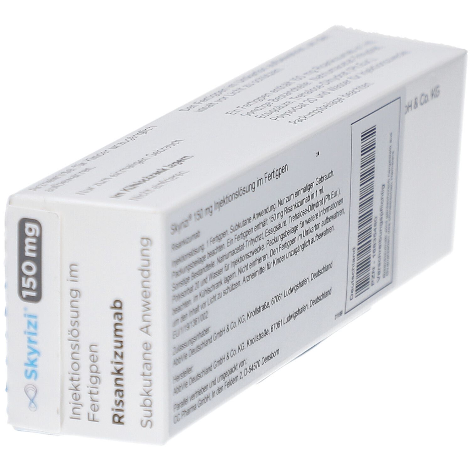 Schachtel SKYRIZI 150 mg Injektionslösung im Fertigpen. Aufschrift: Risankizumab, subkutane Anwendung. Detailansicht der Textinformationen.