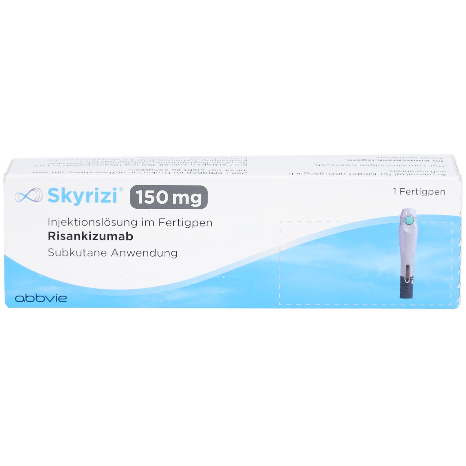 Schachtel SKYRIZI 150 mg Injektionslösung im Fertigpen. Aufschrift: Risankizumab, subkutane Anwendung. Abbvie Logo. Fertigpen-Abbildung.