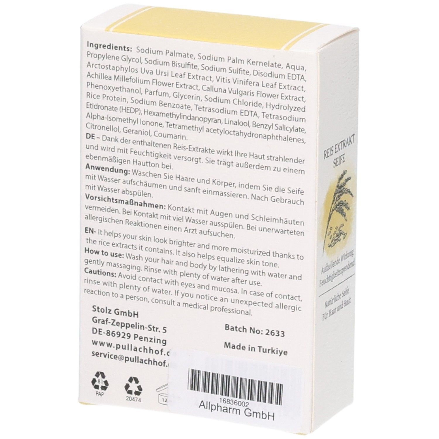 Reisextraktseife in weißer Pappverpackung mit detaillierten Anwendungshinweisen und Inhaltsstoffen.