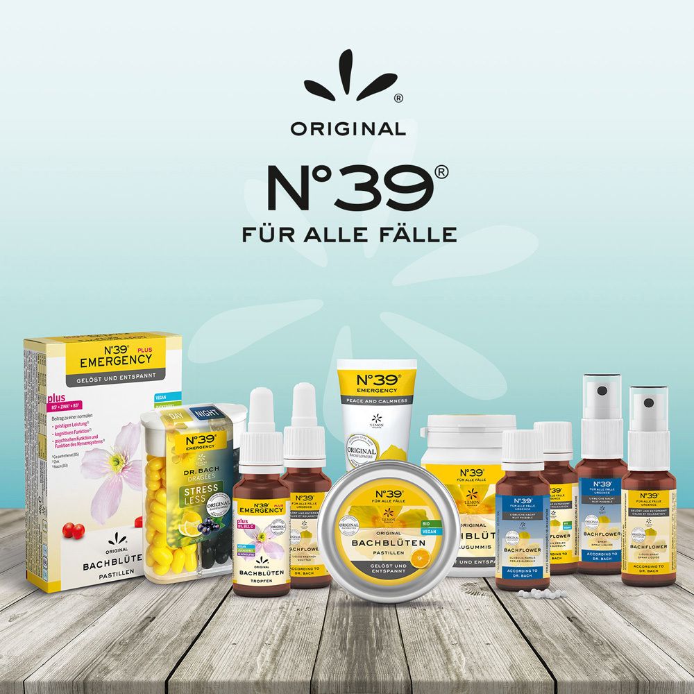 Différents produits. Inscription : ORIGINAL N°39 POUR TOUS LES CAS. Gouttes, pastilles, spray, crème, etc. sur surface en bois.