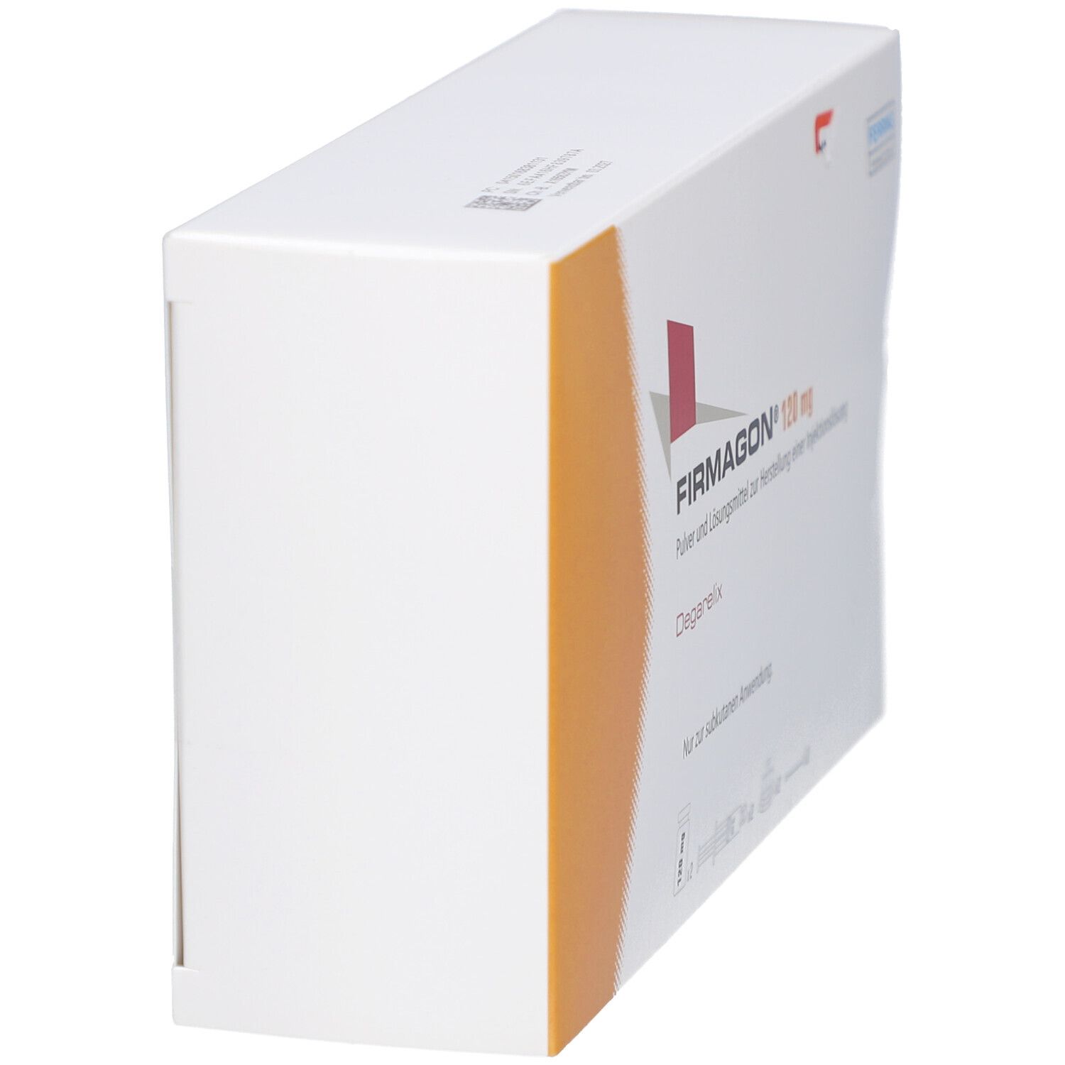 Weiße Verpackung mit orangefarbenem Akzent. Aufschrift FIRMAGON 120 mg. Herstellerlogo und Text in deutscher Sprache.