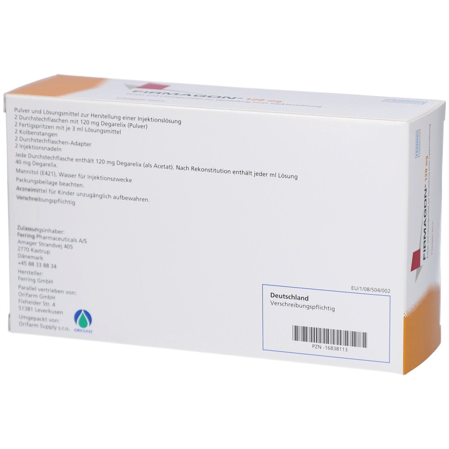 Rückseite der weißen Verpackung. Text in deutscher Sprache. Herstellerinformationen und Chargennummer.