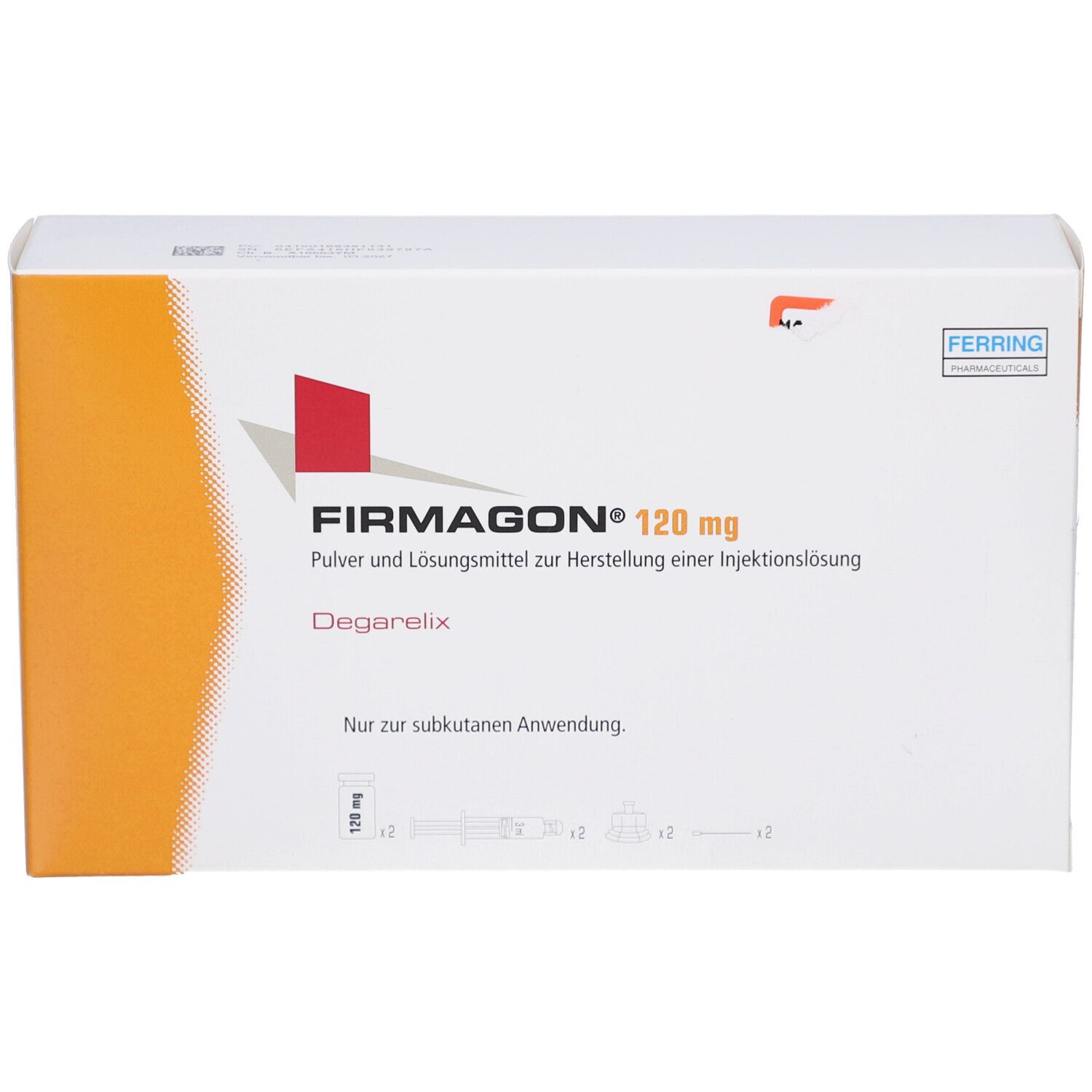 Weiße Verpackung mit orangefarbenem Akzent. Aufschrift FIRMAGON 120 mg. Herstellerlogo und Text in deutscher Sprache.