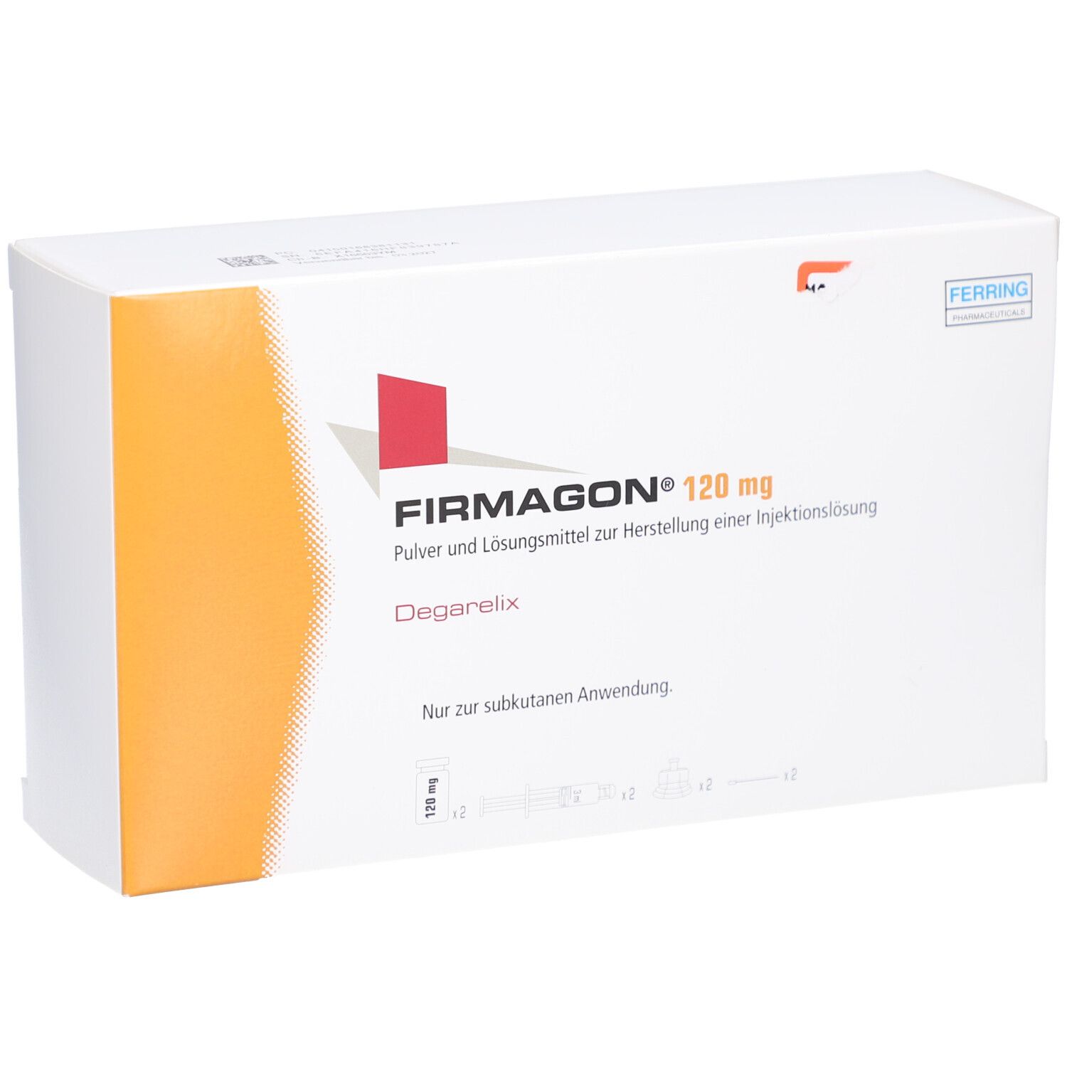 Weiße Verpackung mit orangefarbenem Akzent. Aufschrift FIRMAGON 120 mg. Herstellerlogo und Text in deutscher Sprache.